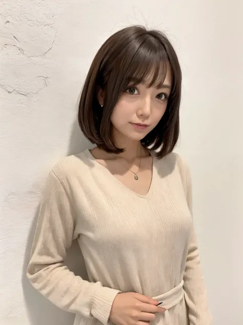 (Highly realistic photos, High resolution, detailed face, fine eyes), ((Taken in front of a white wall))、japanese woman, 40 years old, various expressions, alone:1, slim figure, different hairstyles, casual clothes, Only one person appears in the photo、lon...