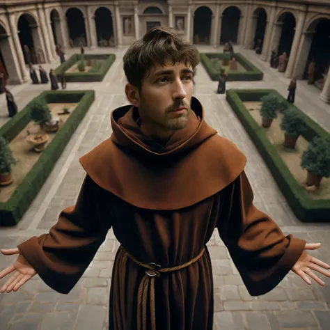 arafed man in a monge outfit standing in a courtyard, inspired por Kurt Wenner, monge, inspirado em Petrus Christus, wearing vestes marrons, Alessio Albi, arte renascentista de hiper-realismo, pintura digital renascentista, portrait of monge, vestes marron...