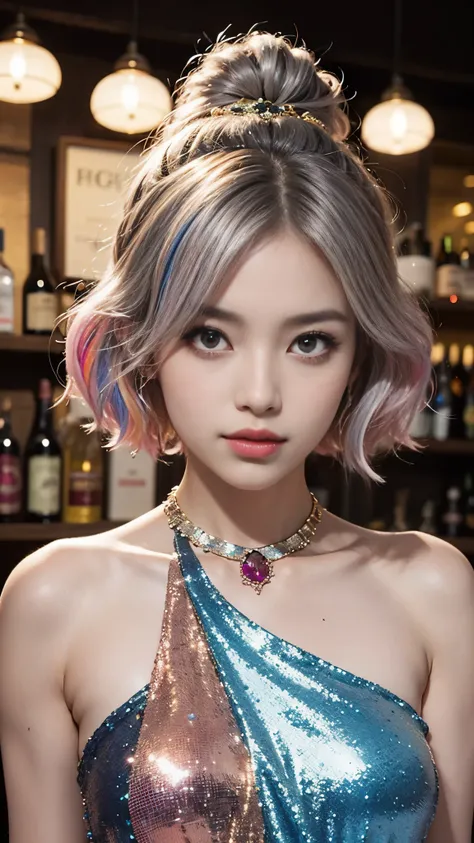 (highest quality、8k、16k、masterpiece、realistic、Super detailed、Beautiful in every detail、ray tracing)、photograph、
break 、((The whole body is photographed))、beautiful asian girl、Looks like a Korean idol、25 year old female model、silver hair、Pink mesh hair colo...