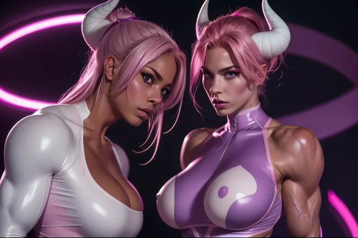 (pink and purple demoness:1.5),(beautiful female model:1.5), (demoness with Large horns:1.25),(1 super muscular succubus with flayed skin:1.5), (covered in thick white muscle suit:1.5), (exposed perfect anatomy:1.5), high detail, best quality, masterpiece,...