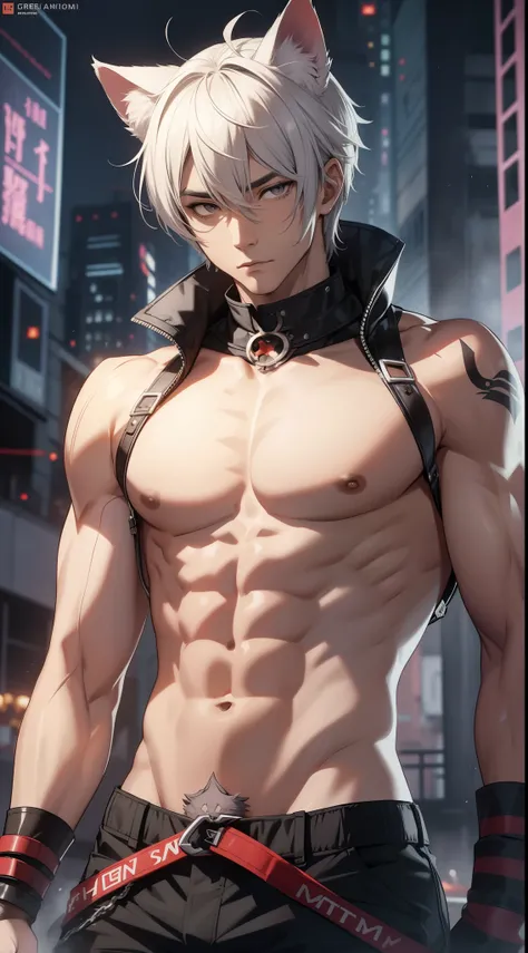 Charismatic guy, muscle，gray hair, cat ears,arm tattoo, topless，open torso, Chinese general pants, masterpiece, high quality