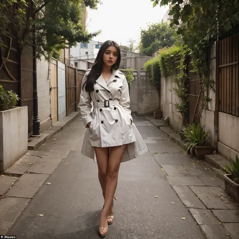 ananya panday prendre une photo dans le mirroir d'elle, dans une rue. elle porte un trench en vinyle pretty little things