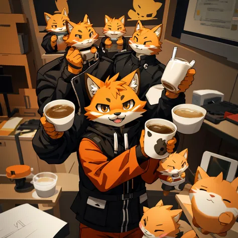 anthropomorphic character orange cat, holding milk tea in hand,look at the audience,black、blackのジャケット, mouth mask, bad boy, adorable, like, cute, 3D Drawing, light smile, hyper hd, masterpiece, Accurate, advanced details, high quality, Award-winning, 最high...