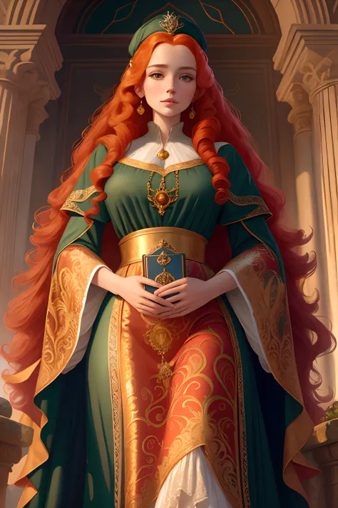 (FollyNobodySD15:0.8) medieval portrait fantasy (royalty:1.1) long [ginger|blonde] wavy hair princess glorious elaborate ornate royal emerald robes tiara gems standing in a detailed luxurious stone castle Game of Thrones Hogwarts bright morning light from ...