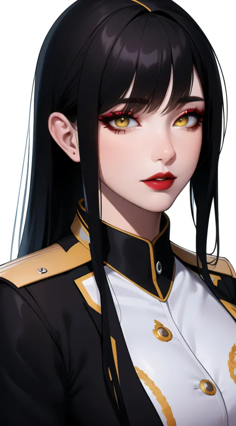 (alone:1.4), female mature, black hair, long hair, yellow eyes,  (((uniform:1.4))), Split, Professional artwork, intricate details, ((pure white background)), sharp focus, detailed, cosmetic, eye shadow, lipstick, ultra detailed cosmetic, ultra detailed ey...