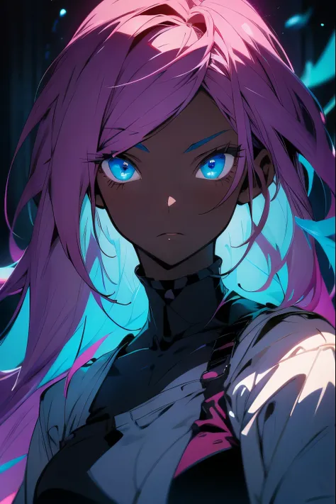 Dark skin tone mi surprise with a 17 year old girl with pink hair with charcoal brown skin, e com casaco azul e rosa  com uma saia  azul e com meias longas azul com  olhos azuis com qualidade anime 2D