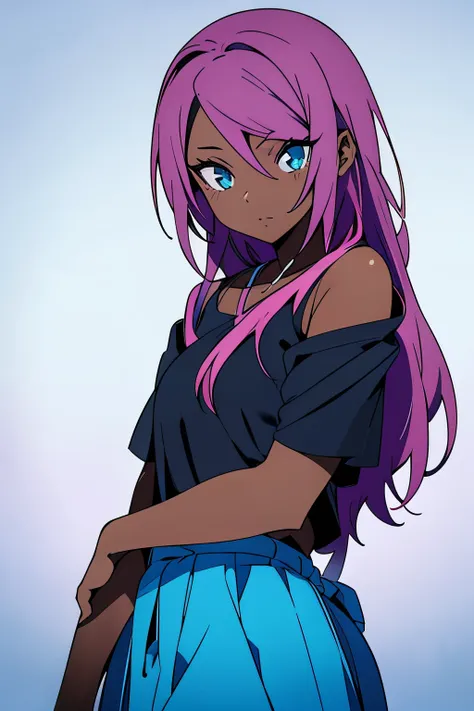 Dark skin tone mi surprise with a 17 year old girl with pink hair with charcoal brown skin, e com casaco azul e rosa com uma saia azul e com meias longas azul com olhos azuis com qualidade anime 2D