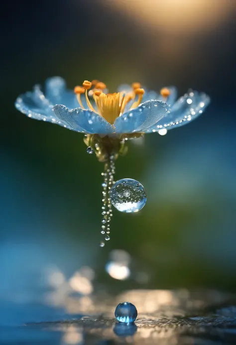 Microcosm , masterpiece , macro photography , cobweb, film grain, Bokeh , Very detailed, sunny weather sunny weather, micro flower, water droplets, vague, Realistic close-up of crystal flower, sky blue background, soft contrast, Rendered by Octane , Unreal...