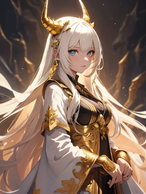 best quality,illustration,oil painting,ultra-detailed,girl dressed in white with golden horns and golden weapons,beautiful detailed eyes and face,vivid colors,studio lighting