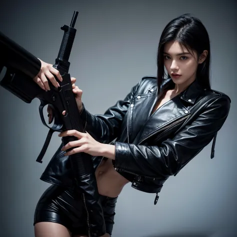 black hair, wearing a black leather jacket,skin glossy,standing and holding a gun,Surrealism, 8k, super detail