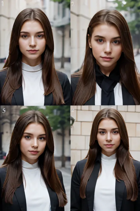 Grid of 4 images of the same young Russian influencer with 4 different expressions with long hair balayage