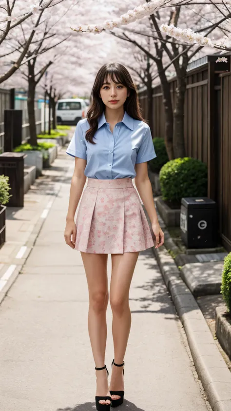 Luna Blaise, short sleeve shirt, small neckline, mini skirt, high heels, Japanese country street, cherry blossom trees