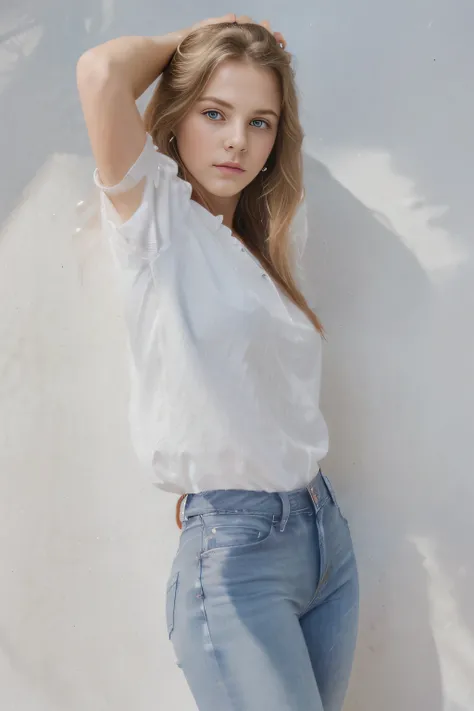 Beautiful girl, 18 years, studio portrait, a white blouse, blue stretch jeans, Looking at the camera, Professional photography, , White background, shadows, Studio light, realism, Masterpiece