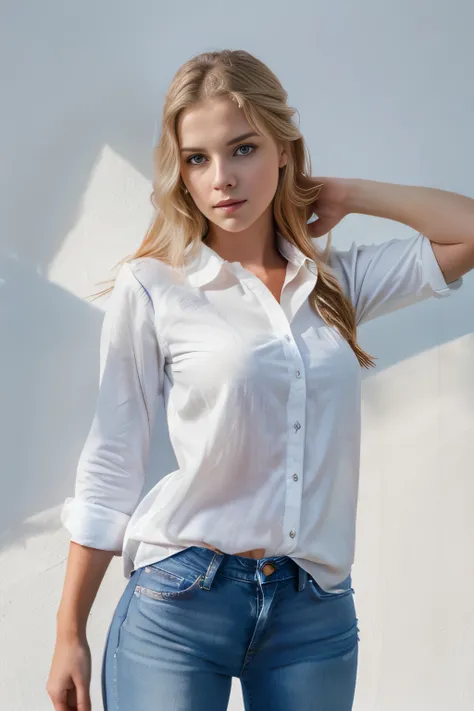 Beautiful girl, 18 years, studio portrait, a white blouse, blue stretch jeans, Looking at the camera, Professional photography, , White background, shadows, Studio light, realism, Masterpiece