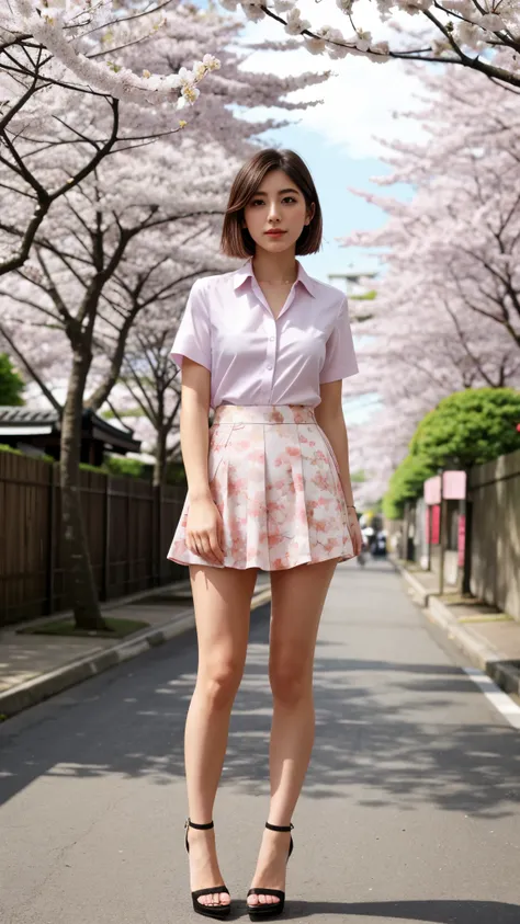 Luna Blaise, short sleeve shirt, small neckline, mini skirt, high heels, Japanese country street, cherry blossom trees