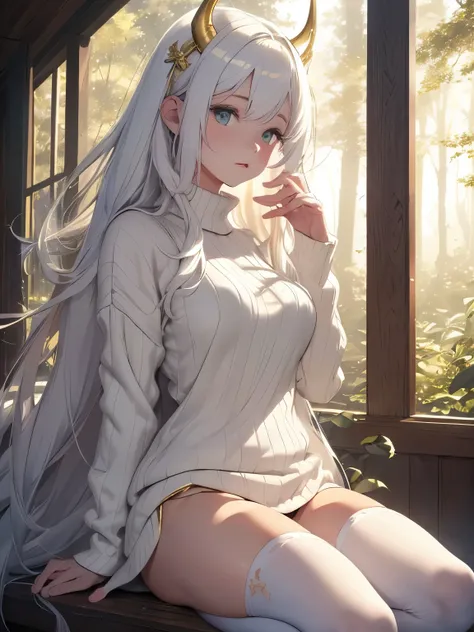 (best quality,4k,8k,highres,masterpiece:1.2),ultra-detailed,(realistic,photorealistic,photo-realistic:1.37),white-haired girl,white sweater,golden horns,white thigh-high socks and white panties,illustration,dream-like,golden rays of light,soft pastel color...