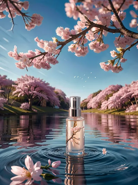 best quality, 4k, 8k, high resolution, masterpiece, ultra-detailed, photorealistic, blender, makeup bottle, cherry blossom wrapp...