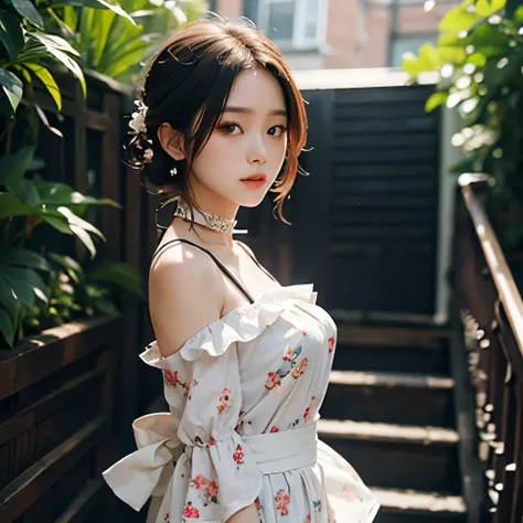 (best quality, Masterpiece), 1 girl, complicated details, open shoulder, skirt, choker, court, see through, look at viewer, Blush, upper body, blurred background, floral print,full body,มุมมอง low angle shot