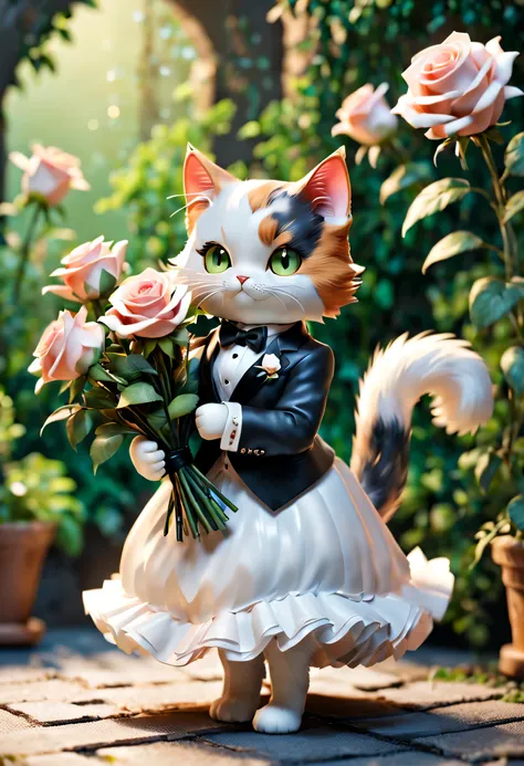 Full body Esbian、Cool calico cat、Pop Calico Cat、diorama、simple background、background white、tuxedo、holding a bouquet of roses, highest quality, Capture the cutest moments, written boundary depth, Super detailed, ultra high resolution, octadale, 8k, 16km rac...