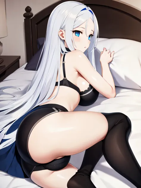  anime, 1girl, ass, bra, thighs,  white_hair, big_breasts, bike_shorts, cameltoe, nsfw, seductive anime girl, relaxed_pose, laying stomach on the bed, ass_focus, (Zai_Ji_NARAKA: BLADEPOINT), naraka_bladepoint_game_character, blue_eyes ,sleeping , very_long...