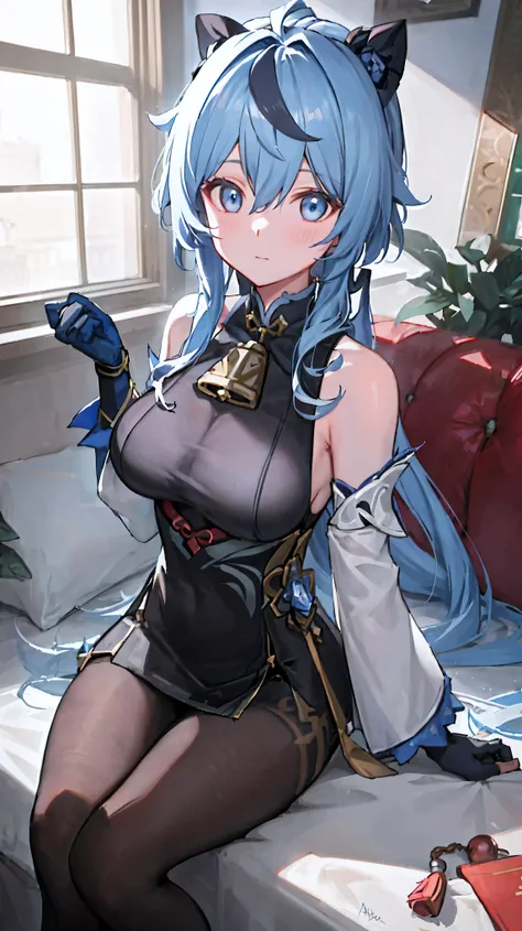 (photoactual:1.4), (masterpiece, Side light, Exquisite and beautiful eyes: 1.2), masterpiece*portrait, actual, 3d face, 
employment (Genshin Impact), 1 girl, Alcohol, architecture, Bangs, bare shoulders, bell, black Gloves, black pantyhose, (blue hair), bl...