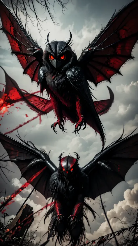 Mothman: Image of a Mothman with huge wings and scary red eyes. 