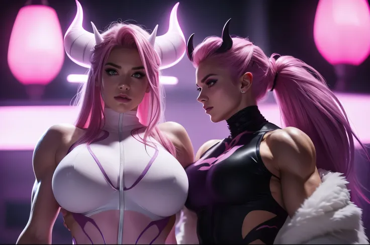 (pink and purple demoness:1.5),(beautiful female model:1.5), (demoness with Large horns:1.25),(1 super muscular succubus with flayed skin:1.5), (covered in thick white muscle suit:1.5), (exposed perfect anatomy:1.5), high detail, best quality, masterpiece,...