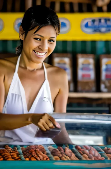 beautiful woman working at the fish counter in a village market in the tropics.