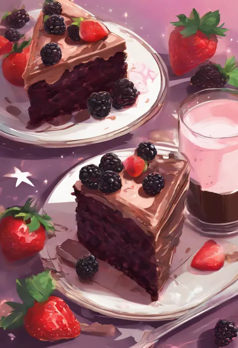 Chocolate blackberry cake next to a strawberry milk smoothie., moon night, christmas day.