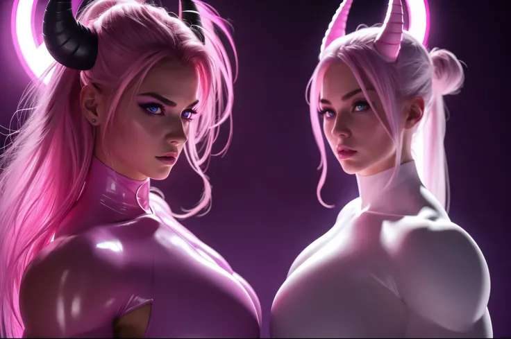 (pink and purple demoness:1.5),(beautiful female model:1.5), (demoness with Large horns:1.25),(1 super muscular succubus with flayed skin:1.5), (covered in thick white muscle suit:1.5), (exposed perfect anatomy:1.5), high detail, best quality, masterpiece,...