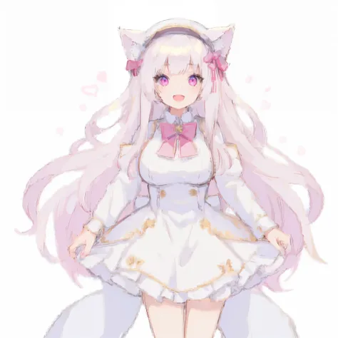 masterpiece, the best_quality, clear details,1 girl, white hair，straight hair，light pink eyes，cat girl，big breasts，white cat ear...