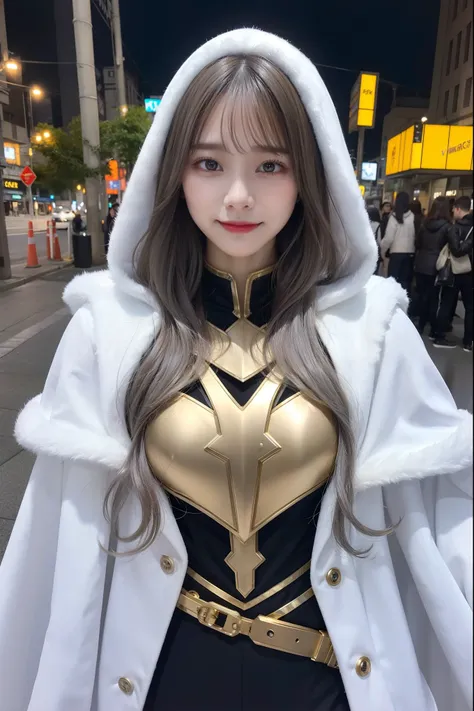 Dark Cyberpunk City、white cloak、Wear a white and gold metallic bodysuit、hood, armor, 25 year old beautiful woman, Very long hair, silver hair, Hyper realistic, 8K, Bokeh, beautiful smiling face huge breasts, dynamic pose