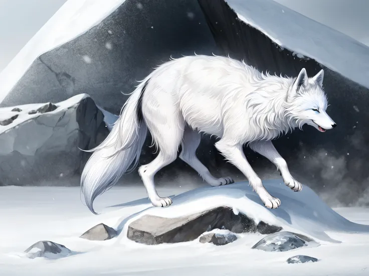 A beautiful (arctic fox:1.1) in a snowy landscape, vibrant snowy fur, piercing blue eyes, fluffy tail in motion, delicate paws leaving imprints in the snow, graceful body posture, surrounded by icy rocks, soft ambient lighting, winter color palette of whit...