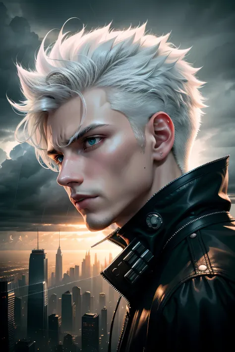 1teen boy, white hair, cyberpunk [foggy cityscape in the distance : very handsome, city:0.33] immersed in a giant flow of wind, living in a thunder cloud, behind the cloud, (double exposure:1.3), photo by Brandon Woelfelmist, surreal dream, gray atmosphere...