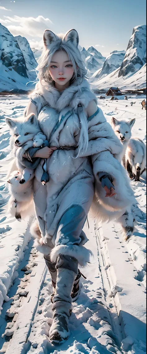 masterpiece、highest quality、High resolution、photorealistic、High resolution、Raw photo、((A family of arctic foxes walking through a snowy field in northern Norway:1.2))、