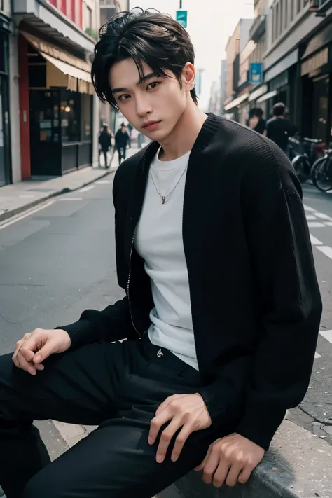 masterpiece, Super realistic, 8k, male, maleの子1人, wear a black jumper, open clothes, partially unbuttoned, black casual pants, sitting, real background, Street background,華奢な東洋人male性