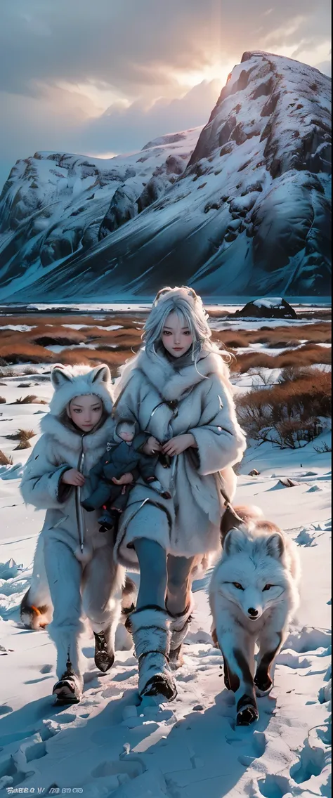 masterpiece、highest quality、High resolution、photorealistic、High resolution、Raw photo、((A family of arctic foxes walking through a snowy field in northern Norway:1.2))、