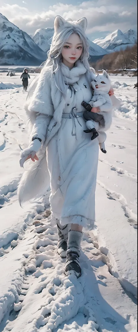 masterpiece、highest quality、High resolution、photorealistic、High resolution、Raw photo、((A family of arctic foxes walking through a snowy field in northern Norway:1.2))、There are only their footprints in the snow、