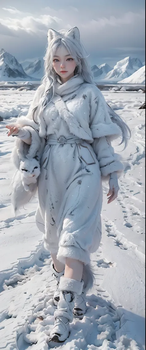 masterpiece、highest quality、High resolution、photorealistic、High resolution、Raw photo、((A family of arctic foxes walking through a snowy field in northern Norway:1.2))、There are only their footprints in the snow、