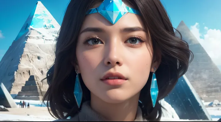 A beautiful woman. Upper body close-up image. dark brown hair. Clothes based on light blue. In the background of the woman, a huge pyramid built on the icy land can be seen. A masterpiece.