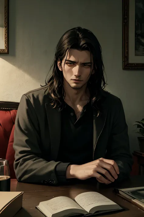 ((best quality)), ((masterpiece)), (detailed), perfect face, A man who can&#39;t sleep because he&#39;s scared late at night. The room is dark and dark., It&#39;s a gloomy atmosphere.