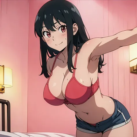 (masterpiece, best quality, high resolution, animescreencap, anime colored,), (perfect anatomy, beautiful detailed eyes, beautiful detailed body, beautiful breast, shiny skin), 1girl, solo, black hair,side bangs, long black hair, large breasts, smiling, re...