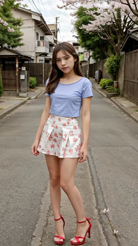 beautiful 13 year old teenager, short sleeve shirt, small neckline, mini skirt, high heels, japanese country street, cherry blos...