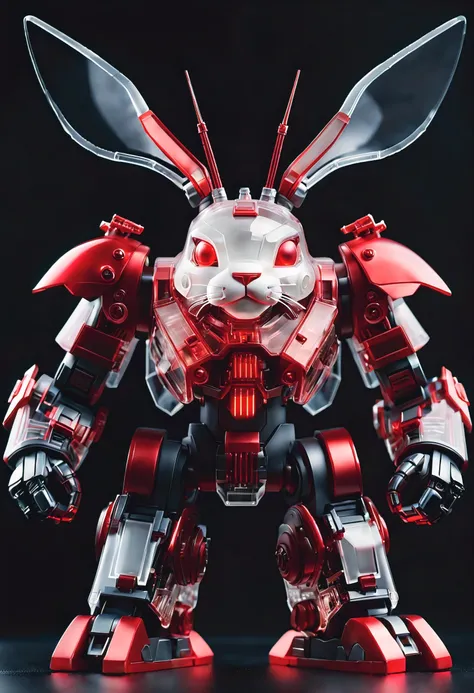 (Blind box toy style:1.2),personification, full view,Pure black background, A mecha composed of a large number of precision electronic components and a huge transparent mechanical rabbit head, Transparent visor, Facial skin is transparent, The glowing elec...