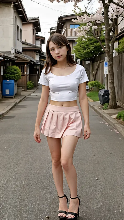 Beautiful 13 year old teenager, short sleeve shirt, small neckline, mini skirt, high heels, Japanese country street, cherry blossom trees