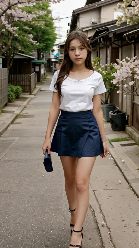 beautiful 13 year old teenager, short sleeve shirt, small neckline, mini skirt, high heels, japanese country street, cherry blos...