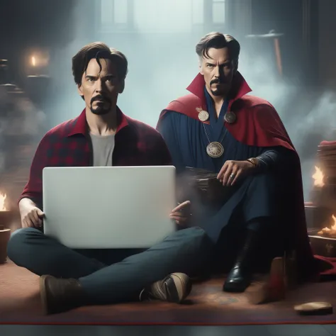 there are two men sitting on the floor with a laptop, doctor strange, film still fromdoctor strange, film still from doctor strange, dr strange and dr seuss, dr strange, in style of marvel and dc, movie promotional image, walter white as doctor strange, sn...