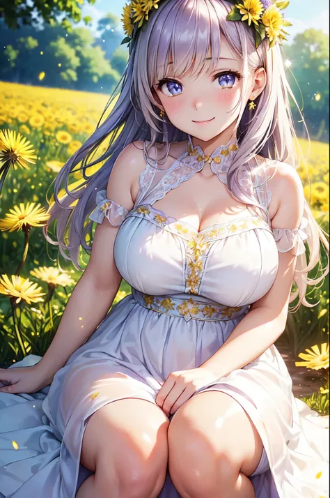 (High quality, High resolution, Fine details), Yellow Dandelion Hill, Flower crown, Pale purple dress, solo, curvy women, sparkling eyes, (Detailed eyes:1.2), (smile), blush, Sweat, Oily skin, Sunlight pouring down, Soft tones, shallow depth of field
