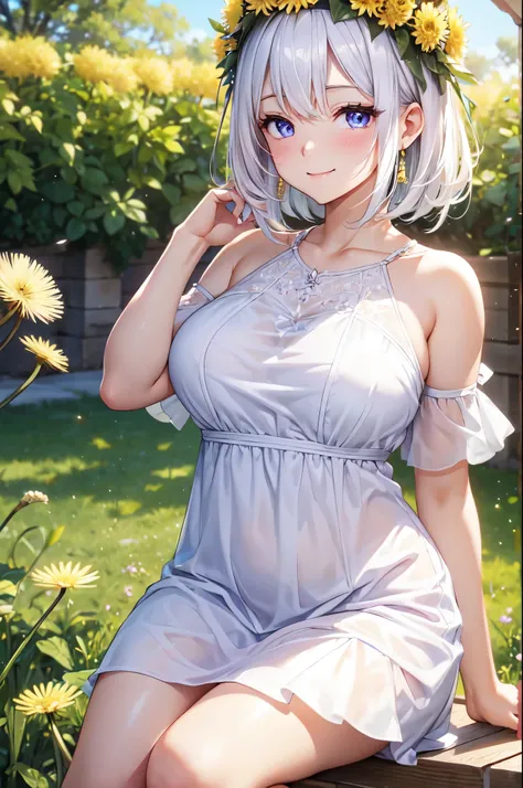 (High quality, High resolution, Fine details), (Yellow Dandelion Hill), Flower crown, BREAK light purple dress, solo, curvy women, BREAK white hair, sparkling eyes, (Detailed eyes:1.2), (smile), blush, Sweat, Oily skin, Sunlight pouring down, Soft tones, s...