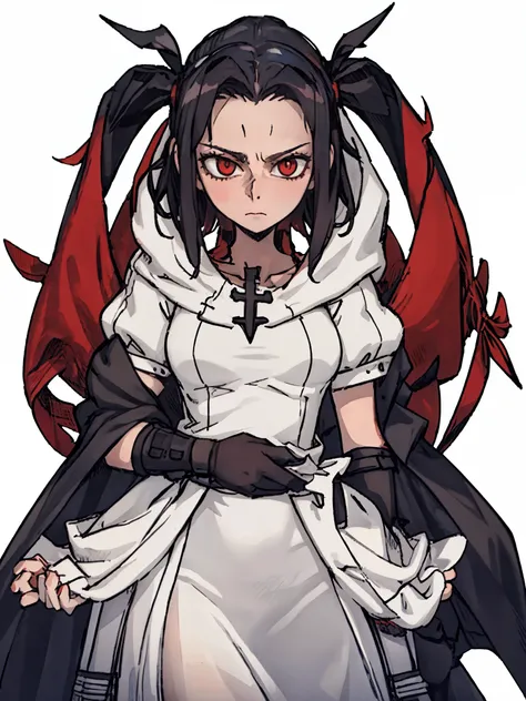 ((a woman，The expression is arrogant，Red with white dress，)),front,Half body,black hair，Princess，Show forehead，cloak，temperament，beauty，Mature，despise，Different world，middle Ages，White background